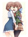  2girls black_legwear blazer blue_bow blue_skirt bow brown_hair brown_skirt company_connection crossover eiyuu_densetsu falcom green_eyes hair_bow hair_over_shoulder hakuregu kokonoe_towa long_hair look-alike looking_at_viewer multiple_girls namesake pantyhose plaid plaid_skirt school_uniform sen_no_kiseki skirt smile tokyo_xanadu towa_herschel 