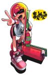  1girl :d bike_shorts fangs full_body gashi-gashi grin inkling long_hair loose_shirt one_eye_closed open_mouth paint paint_roller pink_eyes pink_hair shirt shoes simple_background smile sneakers solo speech_bubble splatoon standing t-shirt tentacle_hair translation_request v white_background 