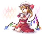  1girl ascot blonde_hair character_doll crop_top crystal flandre_scarlet frilled_skirt frills full_body hat hat_ribbon looking_at_viewer midriff minust mob_cap navel pointy_ears red_eyes remilia_scarlet ribbon short_sleeves side_ponytail sitting skirt slit_pupils smile solo touhou vest wings 