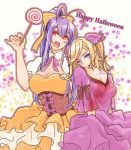  2girls blazblue blazblue_remix_heart blonde_hair blue_eyes blue_hair blush bow breasts candy cleavage cleavage_cutout corset dress frilled_dress frills genderswap hair_bow hair_ribbon halloween_costume happy_halloween head_tilt large_breasts lollipop mai_natsume multiple_girls nunun ponytail red_eyes ribbon shiori_kirihito stitches swirl_lollipop twintails two_side_up zombie 