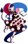 1girl blue_eyes blue_hair blush book doremy_sweet dress full_body harusame_(unmei_no_ikasumi) hat highres looking_at_viewer looking_to_the_side nightcap parted_lips pom_pom_(clothes) short_hair short_sleeves simple_background skirt smile socks solo tail touhou white_background 