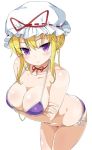  1girl 5240mosu bikini blonde_hair blush breast_hold breasts choker cleavage hat large_breasts long_hair looking_at_viewer purple_bikini ribbon_choker side-tie_bikini simple_background smile solo swimsuit touhou violet_eyes white_background yakumo_yukari 