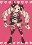  1girl ahoge armor black_dress black_legwear blonde_hair bow breastplate dress drill_hair earrings elise_(fire_emblem_if) fire_emblem fire_emblem_if flower grin jewelry long_hair looking_at_viewer marimo_komo pink_background pink_bow pink_rose rose smile solo thigh-highs twin_drills twintails very_long_hair violet_eyes 