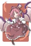  1girl :d animal_ears bird_wings brown_eyes dress feathers frilled_dress frills hal_(pixiv2042201) highres mystia_lorelei open_mouth pink_hair short_hair smile touhou wings 