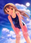  1girl blush brown_eyes brown_hair clouds hands_on_own_knees highres long_hair looking_at_viewer one-piece_swimsuit open_mouth original school_swimsuit sky smile solo swimsuit takoyaki_(roast) 