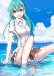  1girl aqua_hair artist_name bird blush clouds cloudy_sky hair_ornament hairclip kantai_collection konkito long_hair ocean open_mouth panties partially_submerged pink_panties seagull shirt skirt sky solo suzuya_(kantai_collection) underwear wet white_shirt 