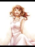  1girl breasts brown_hair character_request cleavage dress fate/zero fate_(series) floating_hair jewelry looking_at_viewer pendant smile solo sundress 
