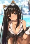  1girl animal_ears bikini black_bikini black_eyes black_hair blush breasts cat_ears character_request cleavage frilled_bikini frills front-tie_top gloves granblue_fantasy large_breasts long_hair looking_at_viewer navel smile solo swimsuit wet white_gloves yaman_(yamanta_lov) 