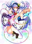  1girl blouse blue_hair blush boots bow guitar headphones hinanawi_tenshi instrument long_hair looking_at_viewer musical_note nakaichi_(ridil) open_mouth puffy_short_sleeves puffy_sleeves red_bow red_eyes shirt short_sleeves smile solo touhou white_shirt 