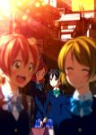  2c=galore 4girls black_hair blazer blurry brown_hair closed_eyes depth_of_field embarrassed highres hoshizora_rin koizumi_hanayo light_particles light_rays looking_at_another love_live!_school_idol_project multiple_girls nishikino_maki open_mouth orange_hair pleated_skirt red_eyes redhead school_uniform skirt smile stairs sunset tagme violet_eyes yazawa_nico yellow_eyes yuri 