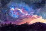  forest meteor_shower mountain nature night night_sky no_humans scenery silhouette sky south. space star_(sky) starry_sky traditional_media twilight watercolor_(medium) 