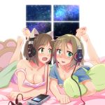  2girls animal_ears bare_shoulders barefoot bed blush breasts brown_hair casino_(pixiv468133) cat_ears cleavage collarbone digital_media_player embarrassed fangs feet green_eyes headphones highres idolmaster idolmaster_cinderella_girls lying maekawa_miku multiple_girls on_stomach open_mouth pillow short_hair soles tada_riina toes window 