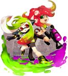  &gt;:d 2girls :d belt bike_shorts black_gloves blush boots breastplate cross-laced_footwear fang gloves green_hair headgear inkling lace-up_boots long_hair multiple_girls open_mouth paint red_eyes redhead smile splatoon taiki_miyu takozonesu 