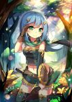  1girl blue_hair cowboy_shot dappled_sunlight forest green_eyes hair_tucking highres knife land_of_caromag lino-lin looking_at_viewer midriff nature navel original outdoors scarf shorts smile solo thigh-highs zettai_ryouiki 