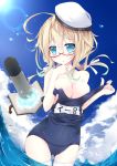  1girl blonde_hair book breasts futase_hijiri glasses hat highres i-8_(kantai_collection) kantai_collection lens_flare long_hair school_swimsuit solo swimsuit thigh-highs torpedo twintails undressing wading 