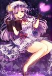  1girl adapted_costume bare_legs black_gloves blush book bow breasts cleavage crescent gloves hair_bow hat high_heels long_hair open_mouth patchouli_knowledge purple_hair revision smile solo touhou ukita_uuko violet_eyes 
