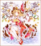  1girl blonde_hair clouds crescent_moon flandre_scarlet frilled_skirt frills hat hat_ribbon mob_cap moon potto_(minntochan) puffy_short_sleeves puffy_sleeves red_eyes ribbon shirt short_hair short_sleeves side_ponytail skirt star touhou vest wings 