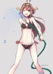  1girl ahoge artist_name bikini brown_hair collarbone cowboy_shot groin hair_ornament hairband headgear hose kantai_collection kongou_(kantai_collection) konkito legs_apart long_hair looking_at_viewer one_eye_closed open_mouth side-tie_bikini sketch solo spraying standing swimsuit twitter_username water 