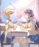  2girls absurdres ajishio ayase_eli chair closed_eyes curtains highres holding_hands long_hair love_live!_school_idol_project low_twintails multiple_girls open_window pleated_skirt ponytail profile school_desk scrunchie sitting skirt smile sweater_vest toujou_nozomi twintails yuri 