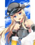  1girl bare_shoulders beer_mug bismarck_(kantai_collection) blonde_hair blue_eyes blush breasts chestplate detached_sleeves gloves hat kakao_rantan kantai_collection long_hair looking_at_viewer military military_hat military_uniform open_mouth peaked_cap solo uniform upper_body 