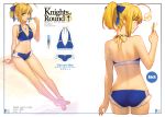  1girl ahoge ass azusa_(hws) back bare_shoulders barefoot bikini blonde_hair blue_bikini breasts cleavage fate/stay_night fate_(series) food green_eyes hair_ribbon long_hair looking_at_viewer navel ponytail popsicle ribbon saber sitting smile solo swimsuit 