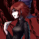  1girl black_shirt bow hair_bow hand_gesture looking_at_viewer miata_(pixiv) profile red_eyes redhead sekibanki shirt short_hair stitches touhou 