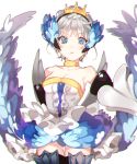  1girl bare_shoulders blue_eyes choker chromatic_aberration crown expressionless grey_hair gwendolyn mini_crown miniskirt odin_sphere piyo_(ppotatto) short_hair skirt solo thigh-highs white_background wings 