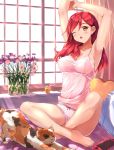  1girl :o armpits barefoot bed blush bow bow_panties candle cat flower follen_(639594) game_console handheld_game_console heart heart_pillow long_hair one_eye_closed original panties pillow playstation_vita redhead solo stretch underwear white_panties window yellow_eyes 