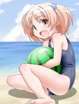  1girl barefoot beach brown_eyes brown_hair fang food fruit hair_bobbles hair_ornament highres ocean open_mouth original ph-bu school_swimsuit short_hair sitting smile solo swimsuit twintails two_side_up watermelon 