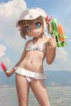  1girl absurdres bikini blonde_hair blue_eyes child clouds grin hat highres midriff mole navel novcel original outdoors popsicle short_twintails sky smile solo striped striped_bikini striped_swimsuit swimsuit teeth twintails valerie_fields water_gun watermark 