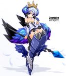  1girl arm_warmers armor armored_dress bare_shoulders bird bird_on_hand boots character_name copyright_name crown expressionless greaves gwendolyn highres karukan_(monjya) microskirt odin_sphere panties pantyshot pantyshot_(standing) polearm shadow short_hair skirt solo spear standing thigh-highs thigh_boots underwear violet_eyes weapon white_background white_hair white_panties wings 