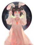  1girl animal_ears black_hair carrot dress glowing glowing_eyes highres inaba_tewi jewelry looking_at_viewer necklace open_mouth pink_dress puffy_sleeves rabbit_ears red_eyes shinigami_(pixiv4727902) short_hair short_sleeves smile solo touhou 