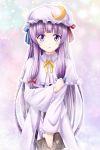  1girl book bow crescent hair_bow hat highres long_hair open_mouth patchouli_knowledge purple_hair reimei_(r758120518) ribbon solo touhou violet_eyes 