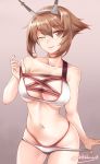  1girl alternate_costume alternate_eye_color artist_name bikini_pull breasts brown_hair gradient gradient_background headband kantai_collection large_breasts looking_at_viewer midriff mutsu_(kantai_collection) navel okitakung one_eye_closed red_eyes short_hair skindentation solo swimsuit tongue tongue_out under_boob 