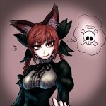  1girl animal_ears blush bow braid cat_ears corset hair_bow halo juliet_sleeves kaenbyou_rin licking_lips long_sleeves miata_(pixiv) pointy_ears puffy_sleeves red_eyes redhead skull_and_crossbones thought_bubble tongue tongue_out touhou twin_braids 