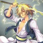  1boy blonde_hair electricity grey_background kaede_(last_blade) last_blade male_focus red_eyes shirt shuri_yasuyuki solo sword twitter_username vest weapon 