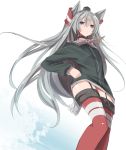  1girl amatsukaze_(kantai_collection) bangs blush brown_dress brown_eyes choker cowboy_shot dress dress_lift from_below frown garter_straps gloves grey_eyes grey_hair hair_between_eyes hair_tubes hand_on_hip kantai_collection long_hair long_sleeves looking_at_viewer nao_(qqqbb) red_legwear sailor_dress short_dress silver_hair simple_background single_glove solo splashing striped striped_legwear thigh-highs two_side_up very_long_hair white_background white_gloves 