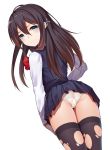  1girl black_hair blue_eyes blush hair_ornament long_hair original panties ray-akila ray_littlechamber simple_background skirt solo thigh-highs torn_clothes torn_thighhighs underwear 
