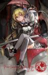  blonde_hair copyright_name crossed_legs long_hair looking_at_viewer pixiv_fantasia pixiv_fantasia_fallen_kings red_eyes smile spark_(sandro) thigh-highs wings 