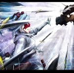  2girls action battle blue_hair cloak dagger gloves grey_hair grin mask monster multiple_girls pixiv_fantasia pixiv_fantasia_5 riding sanctuary-of-apricot smile weapon 