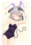  1girl animal_ears bare_shoulders blush bunnysuit collarbone fake_animal_ears grey_hair highres ishikkoro looking_to_the_side mouse_ears mouse_tail nazrin one_eye_closed rabbit_ears red_eyes short_hair solo sweatdrop tail text touhou wavy_mouth wrist_cuffs 