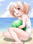  1girl barefoot beach brown_eyes brown_hair fang food fruit hair_bobbles hair_ornament highres ocean open_mouth original ph-bu school_swimsuit short_hair sitting smile solo swimsuit twintails two_side_up watermelon white_school_swimsuit white_swimsuit 