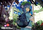  1girl artist_name backpack bag blue_eyes blue_hair building hat highres irue kawashiro_nitori key lens_flare moss overgrown ruins short_hair skirt smile solo touhou twintails two_side_up 