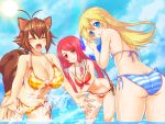  3girls animal_ears antenna_hair ass ball beachball bikini blazblue blonde_hair breasts brown_eyes brown_hair butt_crack cleavage closed_eyes green_eyes large_breasts long_hair makoto_nanaya multiple_girls noel_vermillion ocean red_eyes redhead sho2 short_hair side-tie_bikini small_breasts splashing squirrel_ears squirrel_tail swimsuit tail tsubaki_yayoi under_boob wading wet 