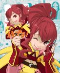  1girl ;) ;p anna_(fire_emblem) bangs belt cape collarbone cover cover_page doujin_cover female fire_emblem fire_emblem:_kakusei hair_between_eyes holding_photo long_hair olivia_(fire_emblem) one_eye_closed photo_(object) ponytail red_eyes redhead sairi_(fire_emblem) smile solo tongue tongue_out tuqi_pix upper_body 