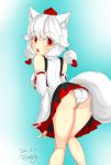  1girl animal_ears bare_shoulders breasts dated detached_sleeves fang hat highres inubashiri_momiji large_breasts looking_at_viewer looking_back open_mouth panties red_eyes ribbon-trimmed_sleeves ribbon_trim shinomiya_naka short_hair signature silver_hair skirt solo tail tokin_hat touhou underwear wolf_ears wolf_tail 