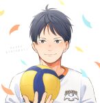  1boy ball black_hair blue_eyes closed_mouth commentary_request confetti haikyuu!! happy_birthday holding holding_ball jersey kageyama_tobio laugh_111 looking_at_viewer male_focus short_hair smile solo sportswear volleyball volleyball_uniform 