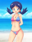  1girl beach bikini blue_hair creatures_(company) crystal_(pokemon) cute game_freak looking_at_viewer nintendo pokemon pokemon_gsc solo swimsuit tagme takappe 