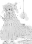  1girl book boots crescent crescent_hair_ornament dress hair_ornament hammer_(sunset_beach) hat lantern long_hair looking_at_viewer mob_cap monochrome patchouli_knowledge sketch solo touhou very_long_hair 