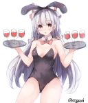  1girl alcohol animal_ears blush bow bowtie bunnysuit colored cup detached_collar fake_animal_ears fujiwara_no_mokou hair_bow hair_ornament hair_ribbon long_hair looking_at_viewer open_mouth rabbit_ears ribbon silver_hair simple_background sketch solo touhou tray twitter_username white_background wine wine_glass wowoguni 